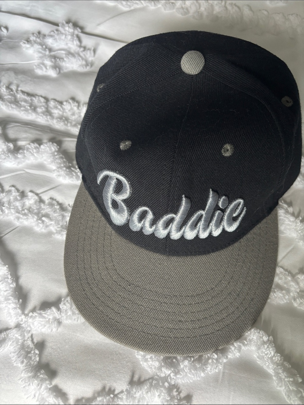 Baddie Embroidered Two-Tone Snapback Hat - Black and Gray